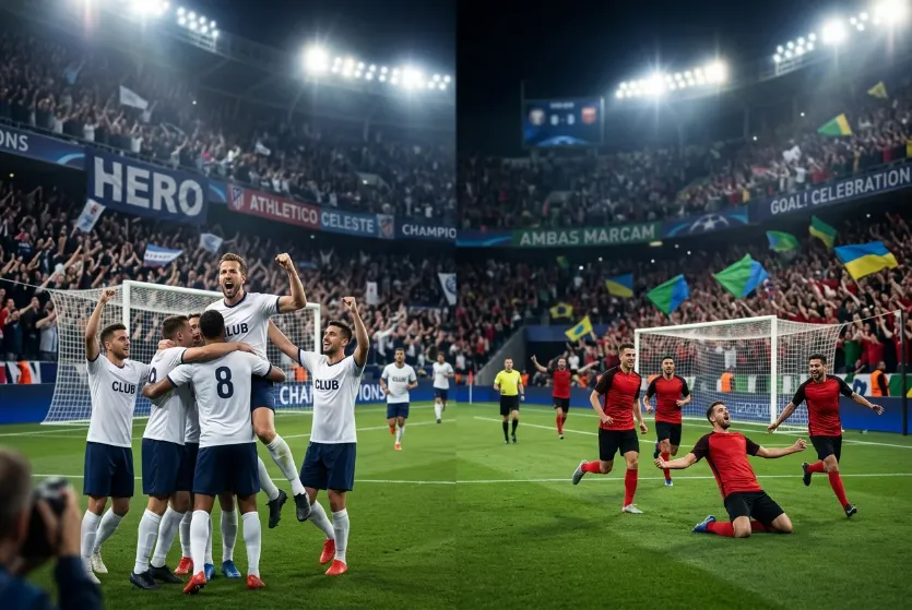 Dois jogadores de equipas opostas a celebrar golos num campo de futebol iluminado