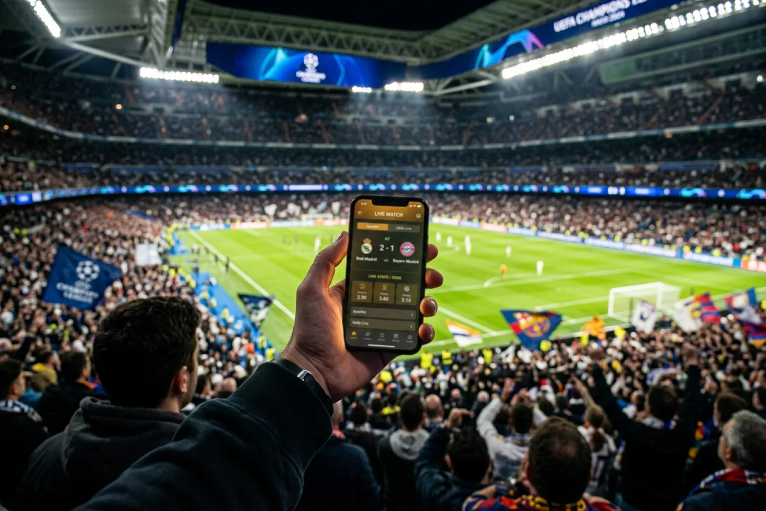 Apostas ao vivo na Champions League com ecra de estadio e odds em tempo real