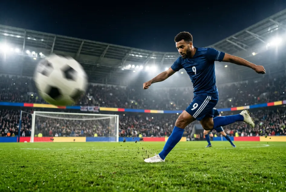 Avancado a rematar a bola num jogo nocturno da Champions League