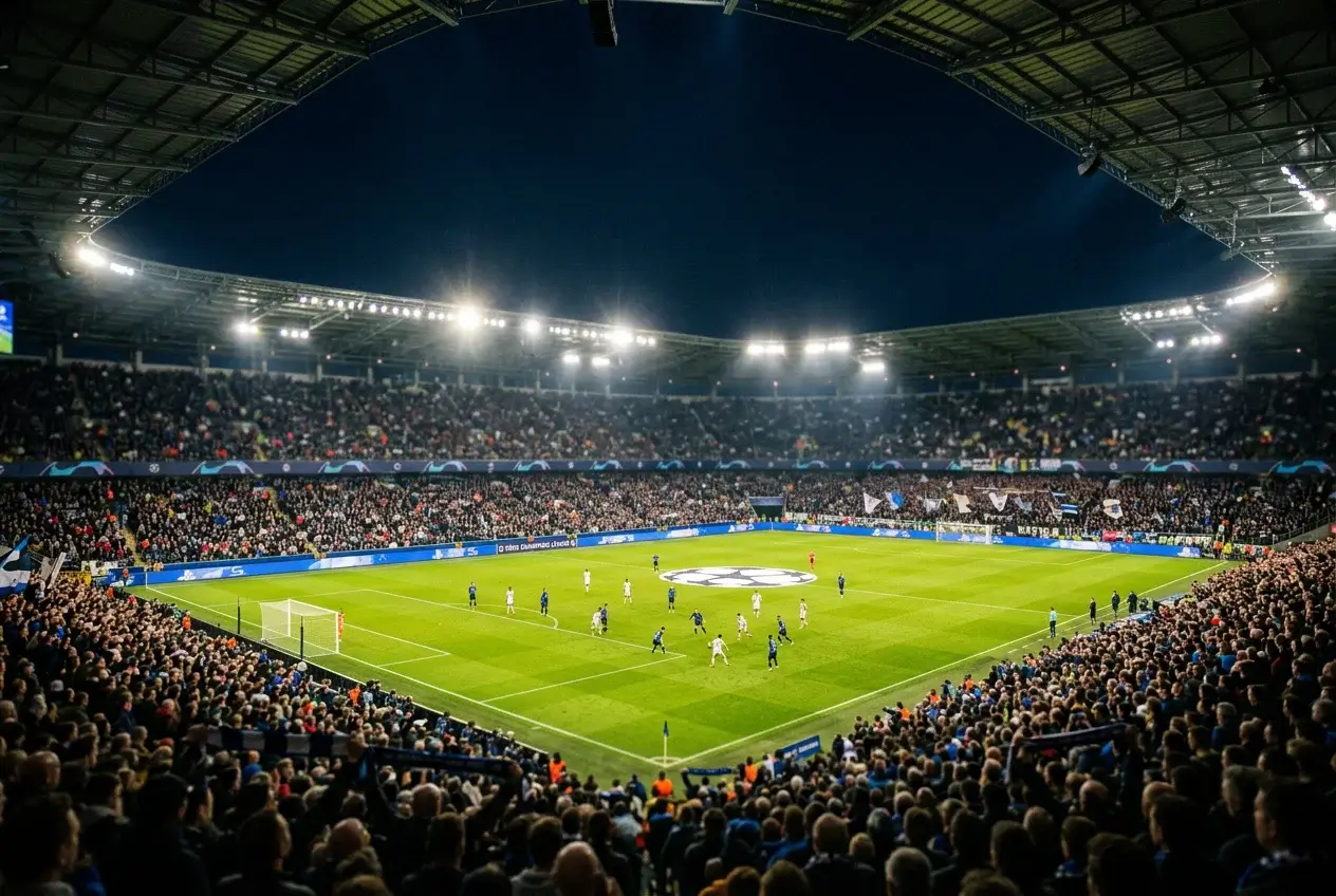 Estádio de futebol iluminado durante um jogo nocturno da Champions League