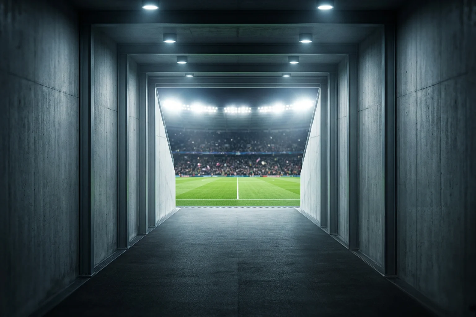 Estadio de futebol em noite de eliminatoria da Champions League com bancada cheia