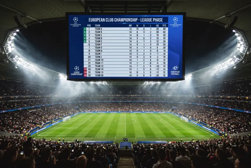 Bola de futebol junto a uma baliza com rede da Champions League