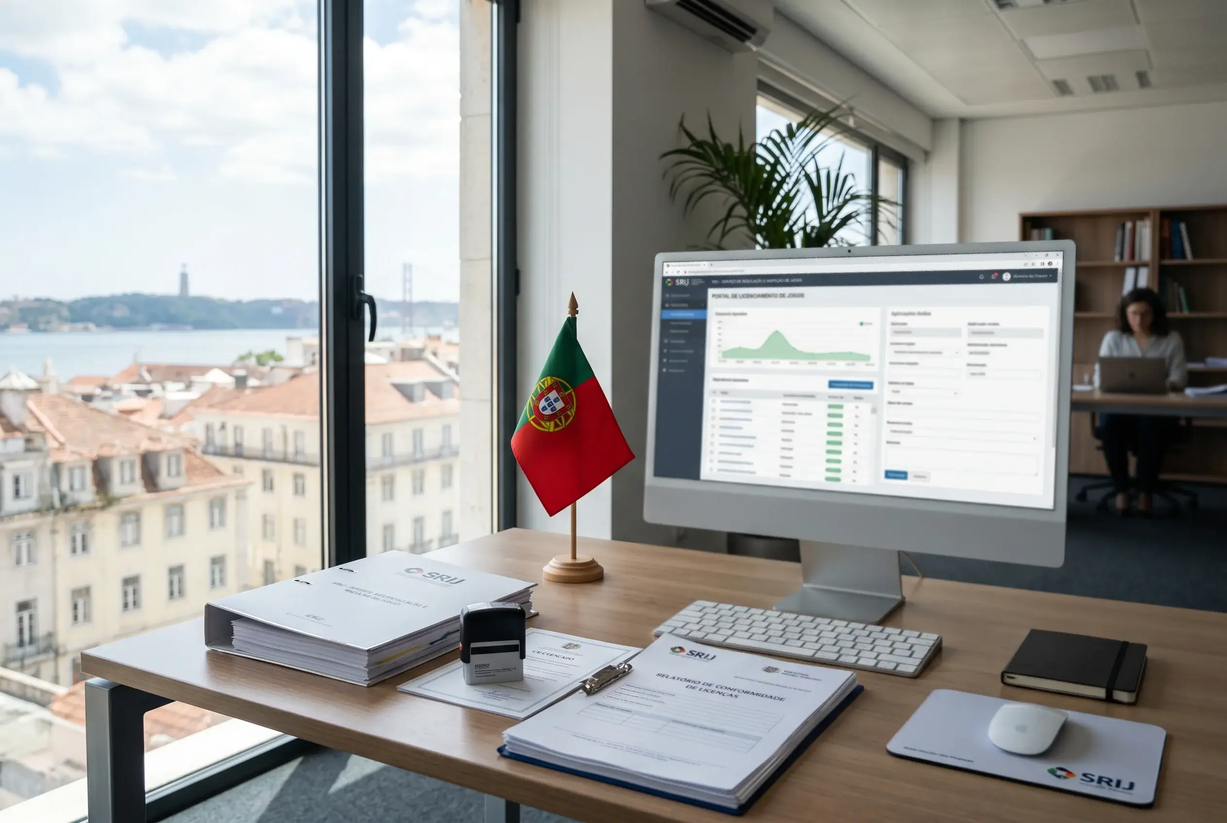 Selo de licenciamento de apostas desportivas em Portugal com logotipo do SRIJ