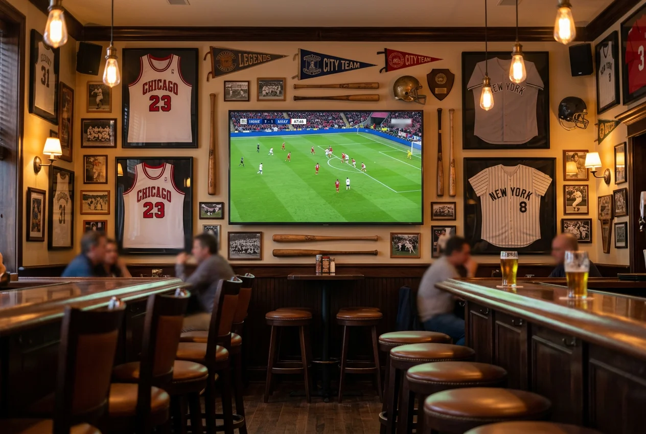 Ecra de televisao num bar americano a transmitir um jogo da Champions League