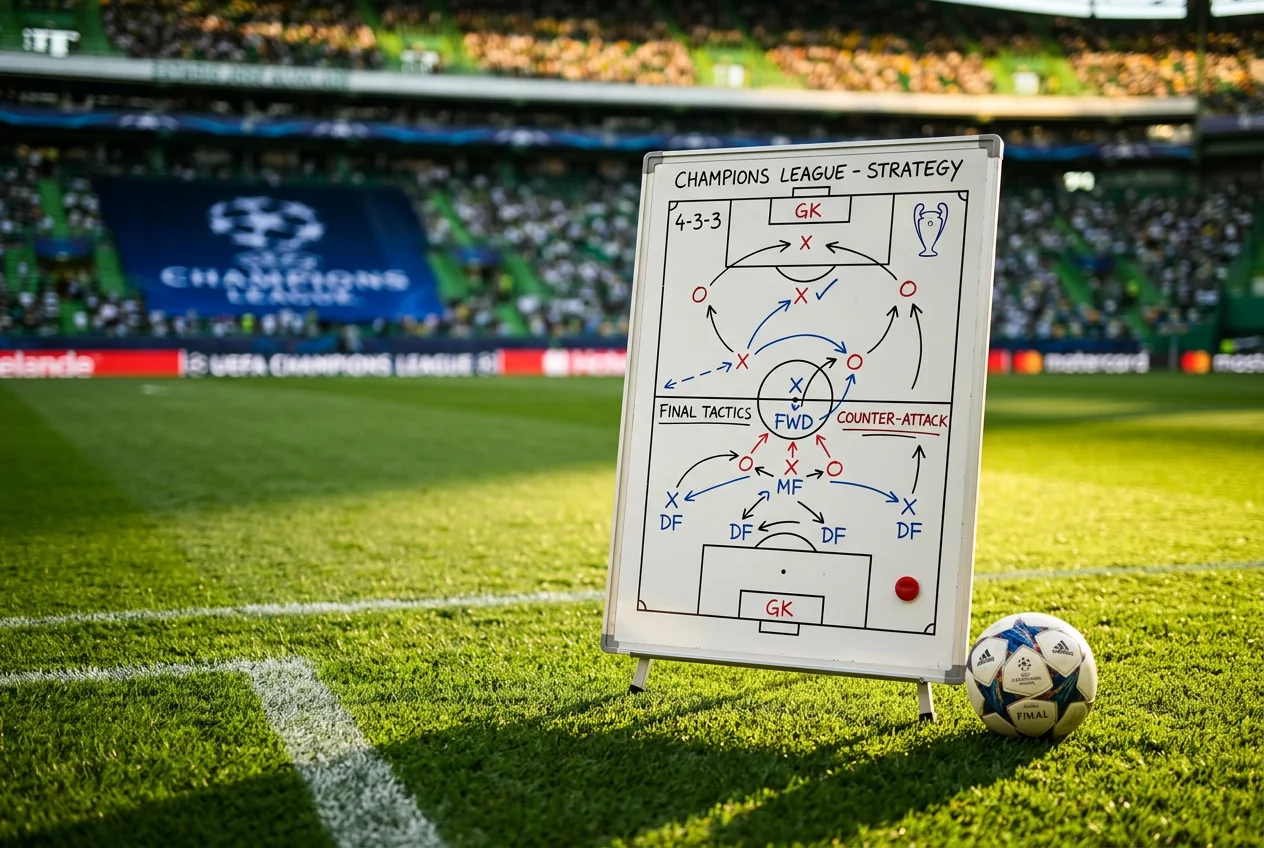 Estratégias de apostas na Champions League com análise de dados e relvado de futebol