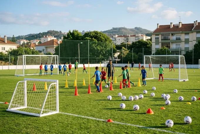 Campo de futebol de formação em Portugal com equipamento desportivo novo