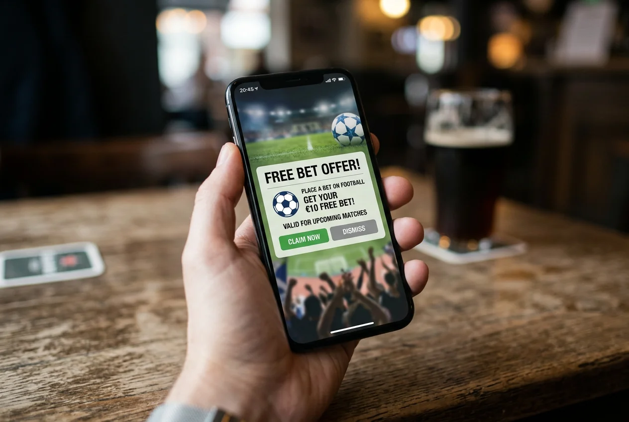 Ecra de telemovel com notificacao de bonus de aposta gratuita para futebol