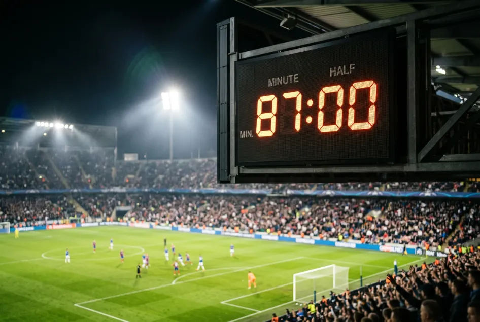 Relogio de estadio com marcador de jogo da Champions League a mostrar golos nos minutos finais