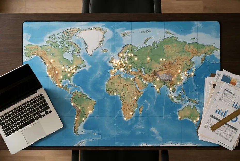 Mapa mundial com pontos luminosos a indicar mercados de apostas desportivas