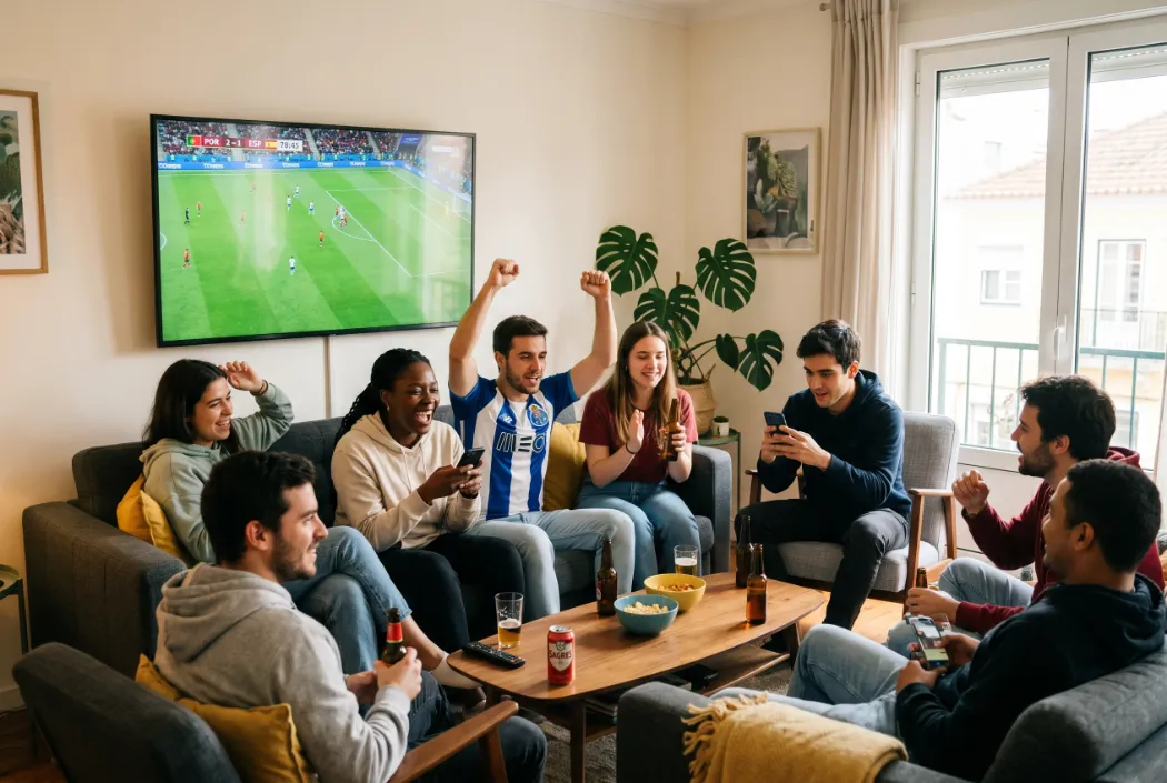 Grupo diverso de adeptos portugueses a assistir a futebol num ecra