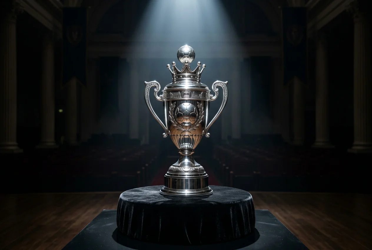 Trofeu da Champions League iluminado num palco de cerimonia da UEFA