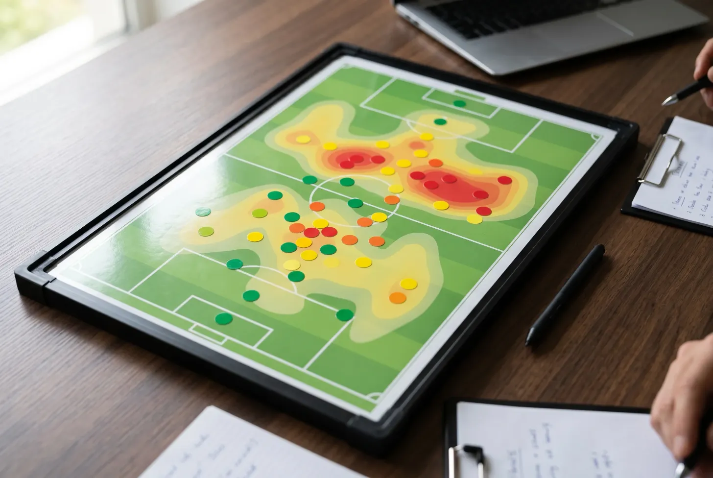 Mapa de remates num campo de futebol com valores de expected goals assinalados