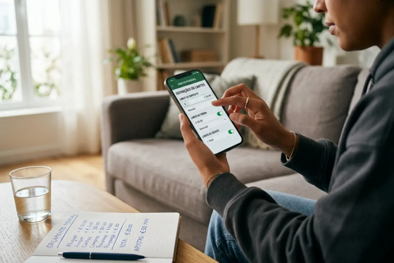Pessoa a definir limites de aposta num telemóvel com aplicação de apostas desportivas