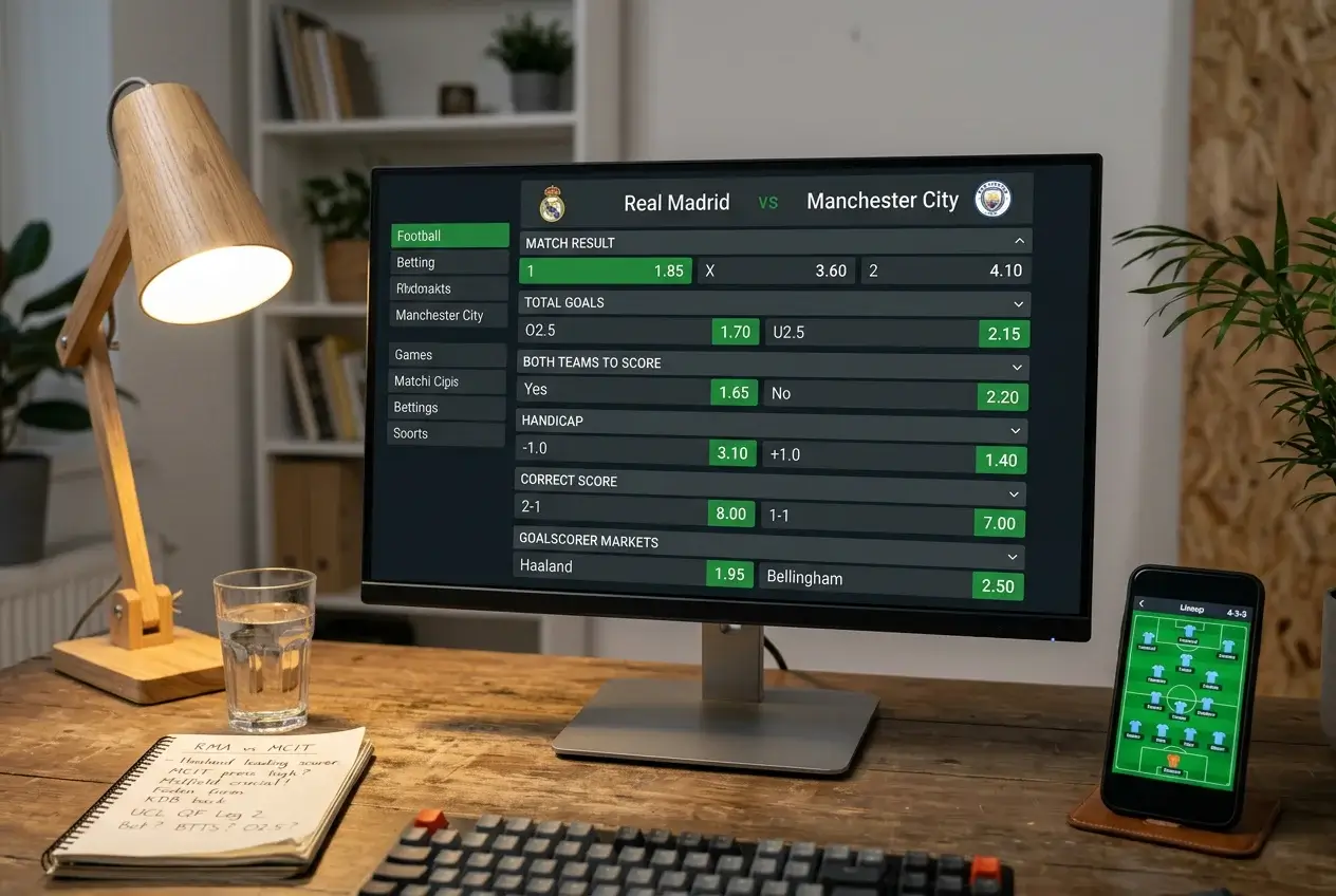Ecrã de computador com mercados de apostas num jogo da Champions League
